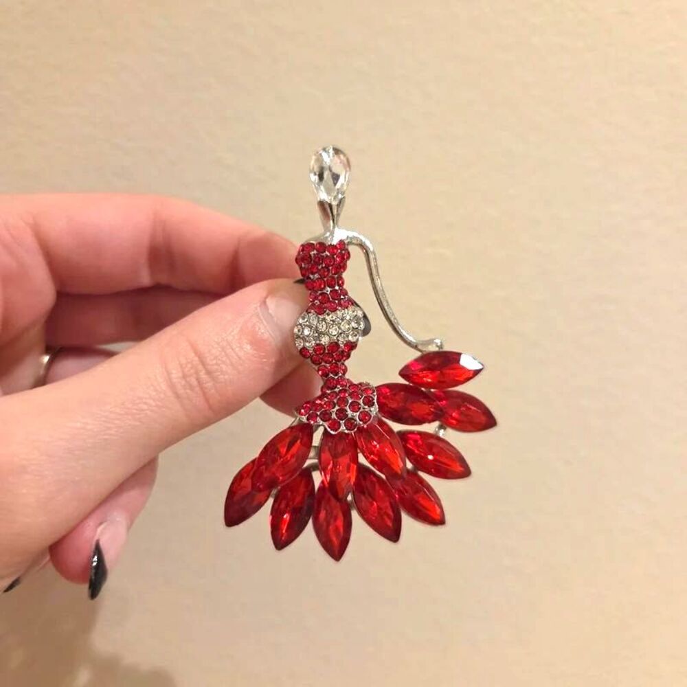Red Rhinestone Fancy Lady Brooch Lapel Pin Formal Glam Flamenco Crystal